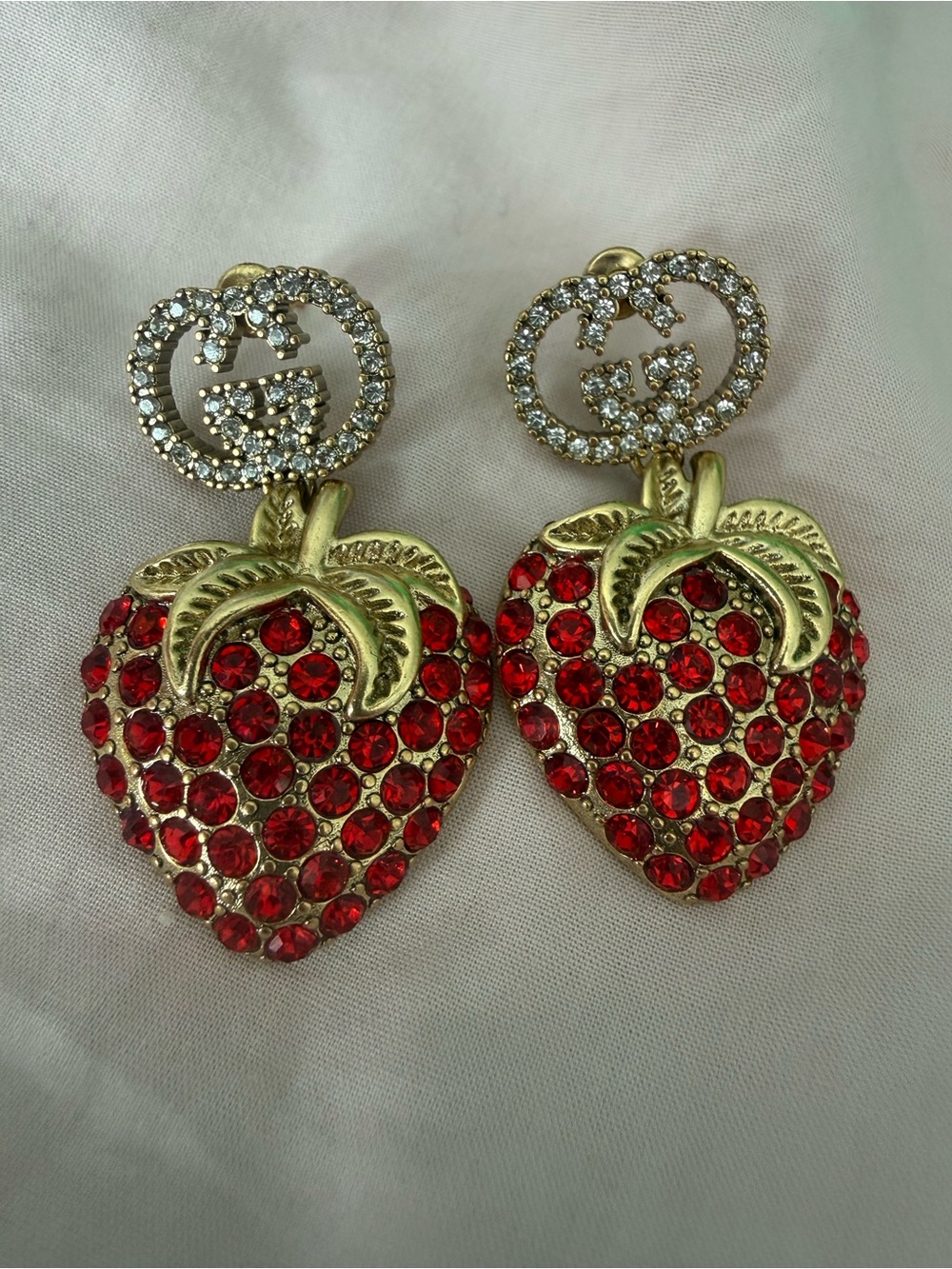 Double G Gold-Tone Red Crystal Strawberry Dangle Earrings